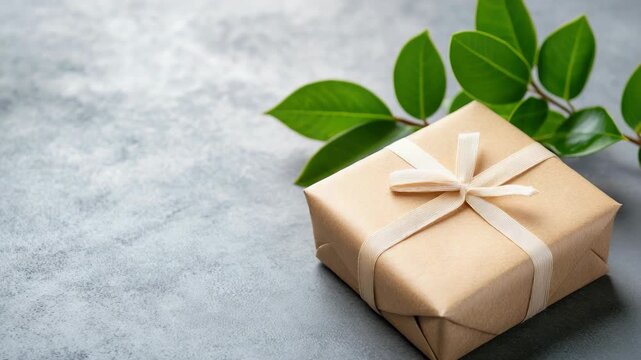 Brown paper-wrapped gift with white ribbon, accompanied by green leaves