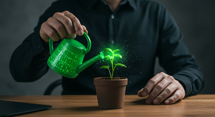 A dedicated individual meticulously nurtures a vibrant, glowing green plant with a watering can, symbolizing sustainable business growth and future investment.