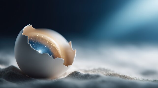 Close-up of cracked eggshell revealing swirling blue and gold galaxy within, symbolizing mystery, creation, and infinite possibilities of life and universe