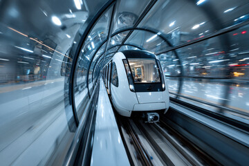 A futuristic train moving inside transparent tunnel