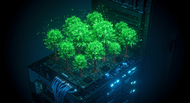 Lush green trees sprout from a complex computer server, symbolizing the vital integration of sustainable technology and environmental responsibility in the digital age.