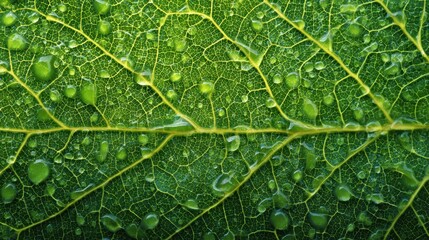 Close-up of a vibrant green leaf with glistening water droplets and intricate yellow veins, showing natural texture.