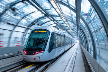 A futuristic train moving inside transparent tunnel