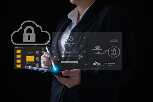 Cloud Data Protection concept showing businesswoman using digital pen on tablet with cloud data protection interface, symbolizing secure login, file encryption, online privacy, and network protection.