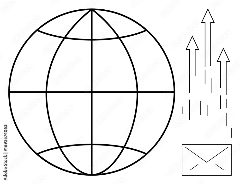 Poster globe with grid pattern, upward arrows symbolizing progress, envelop icon for messages and communica