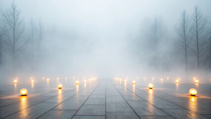 Ethereal Forest Path Lined with Glowing Spheres in Fog mist Halloween