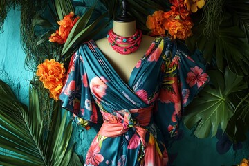 Fototapeta premium Mannequin wearing a floral dress surrounded by tropical leaves and orange flowers.