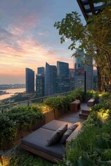 Singapore City Sunset View From Rooftop Lounge