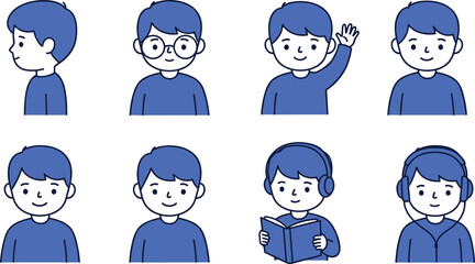 Cute cartoon boy character set, various expressions and poses, flat style vector, avatar illustration, education, learning, listening, reading
