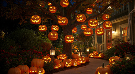 Spooky Halloween night scene with glowing jack-o'-lanterns lighting up a charming suburban house and garden