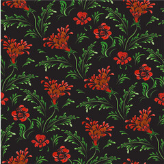 Vector floral seamless pattern from hand painted red meadow flowers on a black background