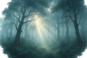 Fototapeta premium Sun rays through the forest in the morning with fog and mist around trees