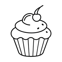 cute cupcake with cherry outline vector on white background 