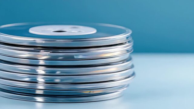Stack of blank CDs on light blue surface, against blurred background