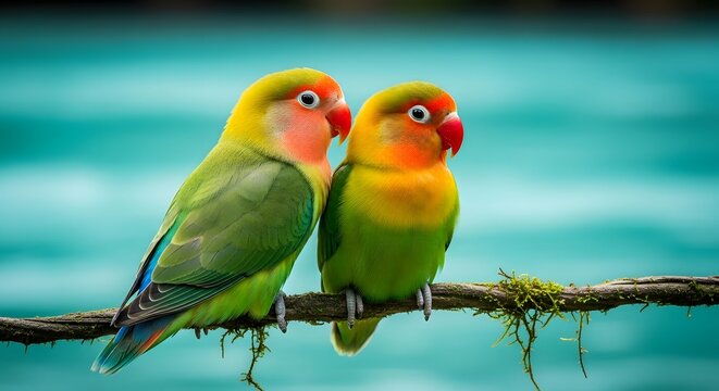 Pair of colorful lovebirds perched on mossy branch against turquoise background, vibrant green plumage with red faces tropical parrots captured in natural daylight exotic wildlife closeup photo - Powered by Adobe