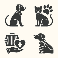 Vector art of set of four veterinary icons including a dog, cat, pet carrier, and hand holding a heart with a cross, isolated on a light background