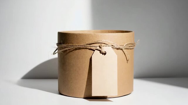Medium shot of a brown cardboard box tied with twine and a gift tag, with lighting on the right side.