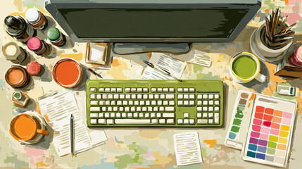 Creative workspace with green keyboard, colorful cups, paint jars, and art supplies on messy desk, inspiring artistic productivity