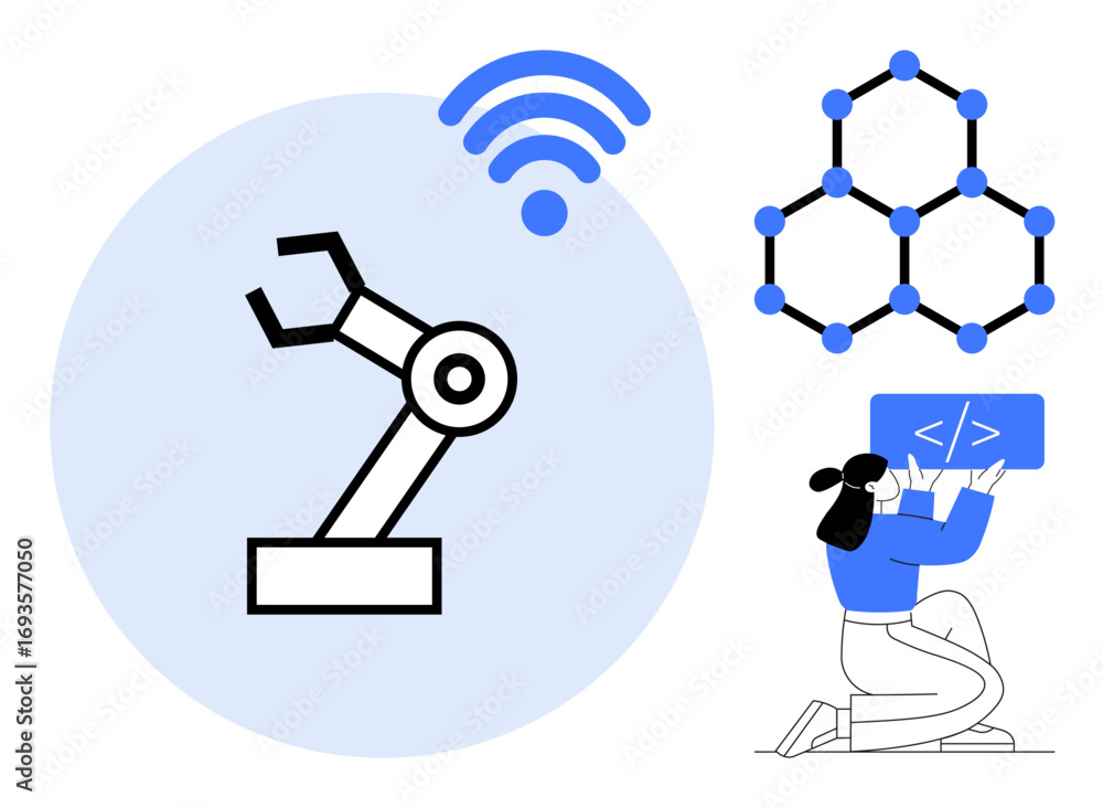 Aufkleber robotic arm with wireless icon, molecular structure, and kneeling programmer with code tablet. ideal