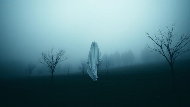 Ethereal ghost figure in a foggy eerie forest with bare trees