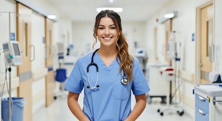 Portrait of a Smiling Female Nurse in Hospital Hallway