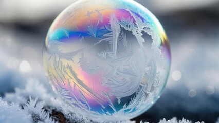 Frozen soap bubble on snow