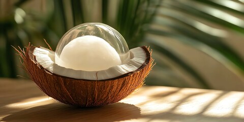 Coconut Half with Glass Sphere on Light Wooden Surface in Tropical Setting
