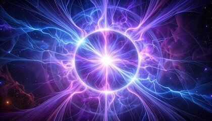 A vibrant circular energy core bursts forth, radiating luminous streaks of violet, blue, and pink through a dark cosmic background.