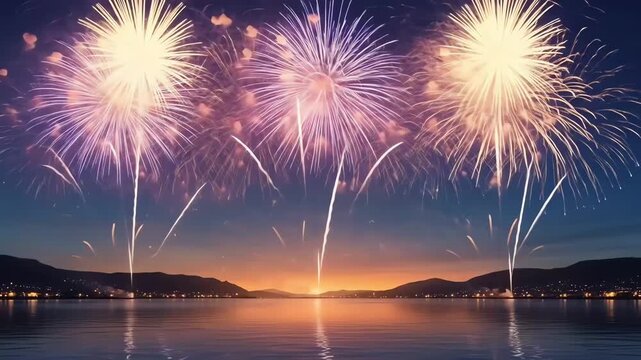 Happy Diwali Deepavali New Year festival celebration with colorful fireworks over water sky night city lights Durga Puja Navratri holiday background festive illustration for commercial greeting design