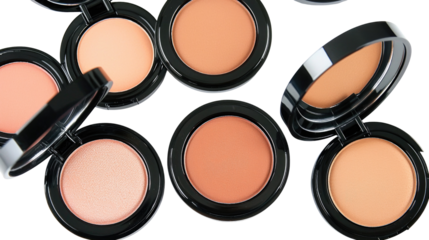 Assorted makeup blush compacts in black cases showcasing vibrant hues on a white background for beauty enthusiasts