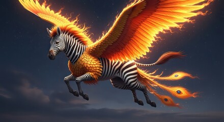 Mythical Zebra with Luminous Phoenix Wings and Fiery Peacock Tail Soaring at Night.