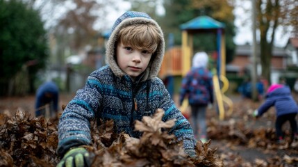 Boy child wearing gloves raking autumn leaves in playground during fall  