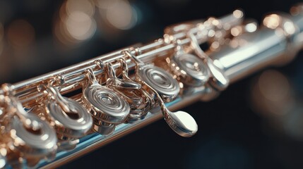 Obraz premium Close-up of Silver Flute Keys and Body, Musical Instrument Detail