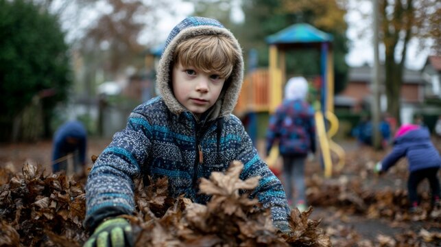 Boy child wearing gloves raking autumn leaves in playground during fall  
