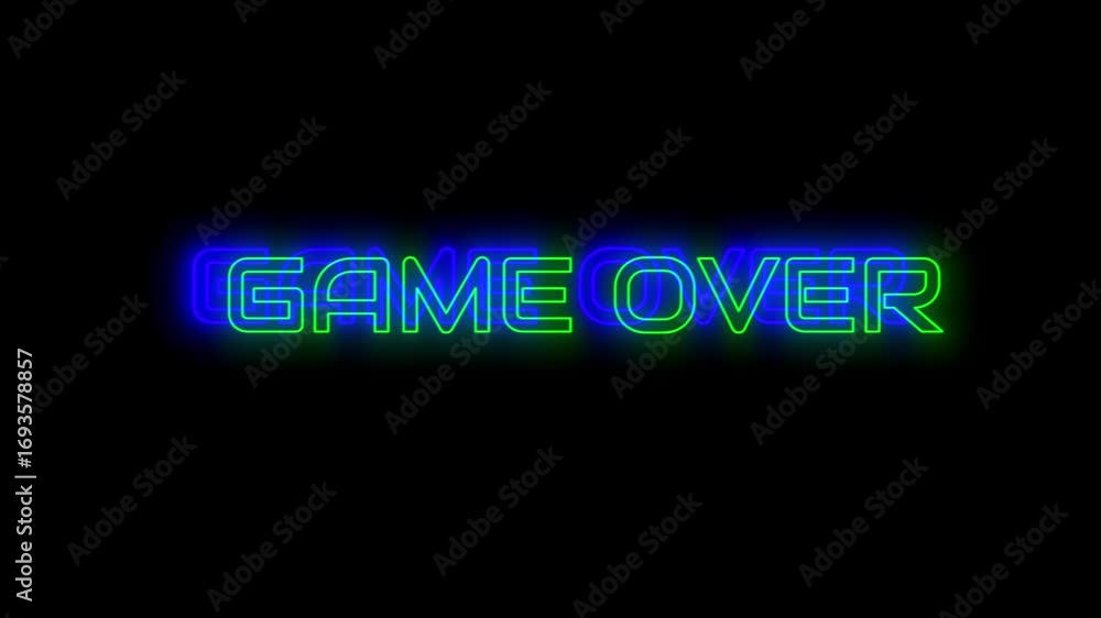 Poster game over text phrase glowing animation on black background