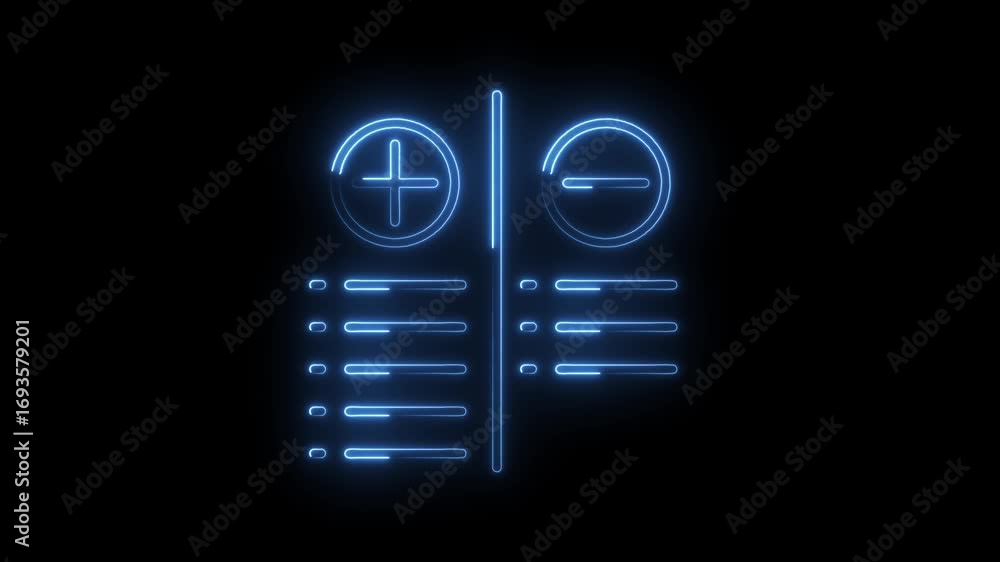 Poster glowing neon pros and cons list animation on black background comparison table graphic