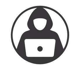 Anonymous hacker in a hooded sweatshirt using a laptop computer in a circular icon