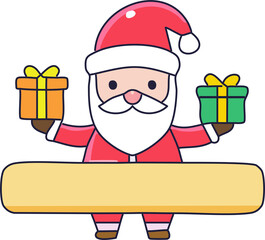 Cute vector illustration of Santa Claus holding gifts, cozy cartoon style, with blank banner area for text.