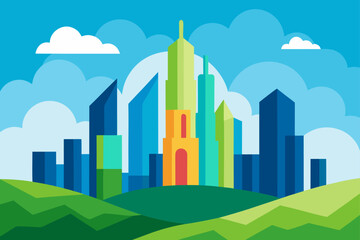 Stylized city skyline with green hills