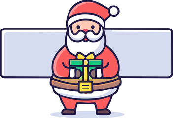 Cute vector illustration of Santa Claus holding gifts, cozy cartoon style, with blank banner area for text.