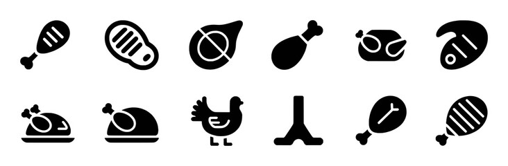 Collection of Black and White Icons Representing Various Meat and Poultry Dishes