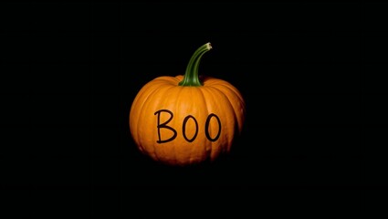 Orange pumpkin with the word boo written on it against a black background
