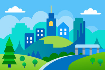 Fototapeta premium Illustrated city landscape with blue road