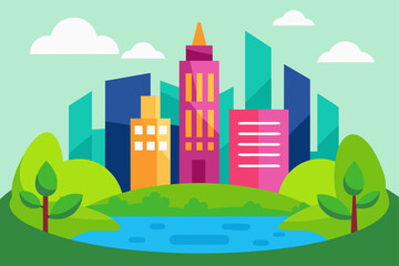 Cityscape illustration with park and lake
