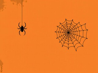 A black spider and a detailed spiderweb on an orange background