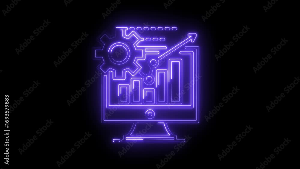 Poster neon business performance graph with gear on computer screen on black background