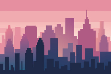Fototapeta premium Silhouette cityscape with pink gradient sky