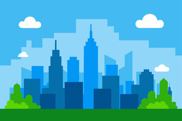 Naklejka premium Cityscape with blue buildings and clouds