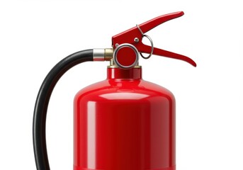 Close-up view of a bright red fire extinguisher with black hose, exhibiting safety equipment readiness.