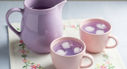 Pastel Refreshment: Iced Lavender-Hued Drink in Pink Mugs and Pitcher